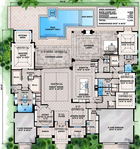 Luxurious in every respect, this spacious Florida house plan comes with an elegant tray ceiling in every room. Extras include a private bathroom for every bedroom suite and a stunning outdoor living space with an outdoor fireplace and a big outdoor kitchen. The spacious open layout lets the sightlines flow from room to room, keeping everyone in touch with what's going on. A private foyer with a morning bar leads to the giant master suite with its separate sitting room. In the master bathroom, a huge soaking tub is the main focal point, baked up by the two-entry walk-in shower. Family bedrooms are all on the opposite side of the home. 4 Bedroom House Plans Open Floor, Master Suite Floor Plans, Morning Bar, Accessible House Plans, Lottery Dreams, Accessible House, Dream Villa, Florida House Plans, Luxury Floor Plans