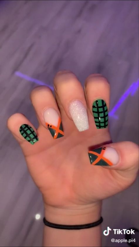 Bakugou Nails Acrylic, Bakugo Nails Design, Bakugo Earrings, Bakugo Inspired Nails, Bakudeku Nails, My Hero Academia Nails Acrylic, Anime Inspired Nail Art, Deku Nails, Bakugou Nails Art