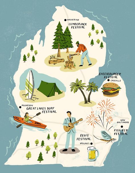 Michigan Festivals Map - Hour Detroit Magazine on Behance Map Assets, Guide Infographic, Animal Infographic, Map Of Michigan, Map Sketch, History Infographic, Map Creator, Travel Infographic, Physical Map