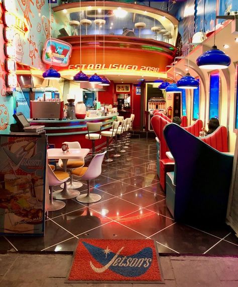 Jetson’s Restaurant The Jetsons Aesthetic, Vaporwave Mall, Jetsons Aesthetic, Wacky Pomo, 70s Core, Futuristic Restaurant, Future Restaurant, Friends Hangout, Futuristic Decor