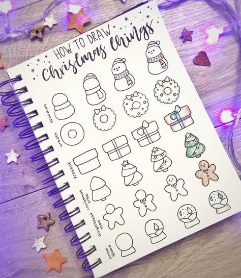 Doodle Bullet Journal, Doodles Journal, Journal Simple, Draw Christmas, Bullet Journal Christmas, December Bullet Journal, Bujo Doodles, Christmas Doodles, Doodle Inspiration