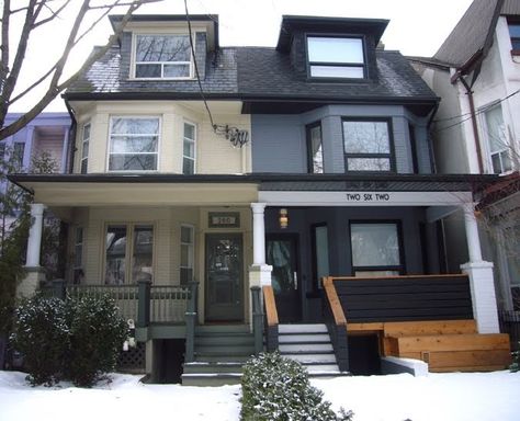 These are the next-door homes to yesterday's house and they are the typical downtown Toronto homes - semidetached, brick, and built in the ... Curb Appeal Porch, Baltimore House, Enclosed Front Porches, Modern Front Porches, Toronto Houses, Townhouse Exterior, Painted Brick House, Brick Exterior House, House With Porch