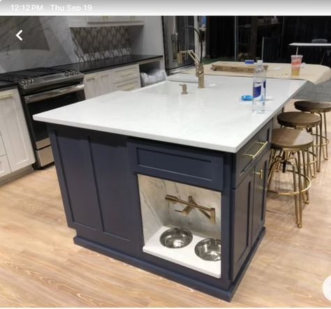 Dog Friendly Kitchen Design, Kitchen With Pet Area, Kitchen Island With Dog Bed, Island Pet Station, Dog Bowl Kitchen Ideas, Dog Food Station In Island, Island Dog Bowls, Dog Bowl In Kitchen Island, Dog Station In Kitchen Island