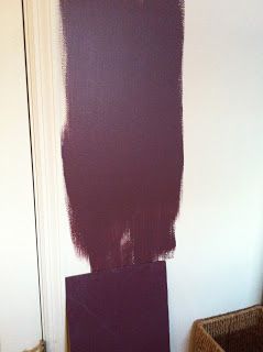 The color on the wall is Benjamin Moores' Dark Walnut, the Farrow & Ball Brinjal is painted on the cardboard below it. Aubergine Paint Color, Brinjal Farrow And Ball, Aubergine Bedroom, Aubergine Paint, Plum Paint Colors, Cabin Paint Colors, Powder Room Paint, Plum Paint, House Light