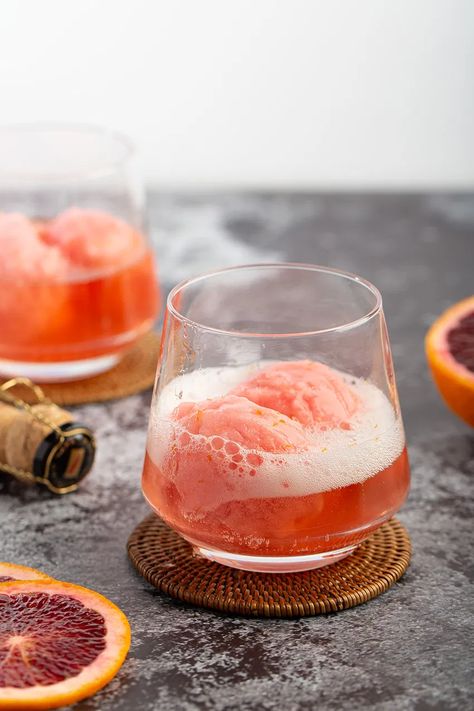 Blood Orange Sorbet Mimosas | The Missing Lokness Sherbet Mimosas, Orange Mimosa, Blood Orange Champagne Mule, Strawberry Orange Mimosa, Sorbet Mimosa, Blood Orange Cocktail, Orange Sorbet, Grilled Desserts, Craft Cocktail Recipe