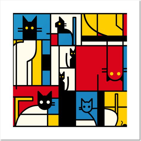 Art inspired by the style of Piet Mondrian, featuring silhouettes of multiple cats integrated into the composition. A playful piece, ideal for enthusiasts of both modern art and feline companions. -- Choose from our vast selection of art prints and posters to match with your desired size to make the perfect print or poster. Pick your favorite: Movies, TV Shows, Art, and so much more! Available in mini, small, medium, large, and extra-large depending on the design. For men, women, and children. P Mondrian Design, Cat Cards Handmade, Mondrian Art, Multiple Cats, Cats Art Drawing, Different Kinds Of Art, Canvas Art Projects, Art Parody, Cats Artists