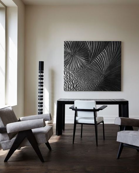 Collection by Anthony Pieters on Instagram: "This all black textured artwork is still one of my personal favourites. It's a perfect match for a monochrome space, like in this digital illustration. Link in bio for sizes, prices and more info about ordering a custom artwork. . . . . . Medium: acrylic, calcite grit, gypsum and water." Anthony Pieters, Textured Artwork, Custom Artwork, Perfect Match, Digital Illustration, All Black, Link In Bio, Water, Black