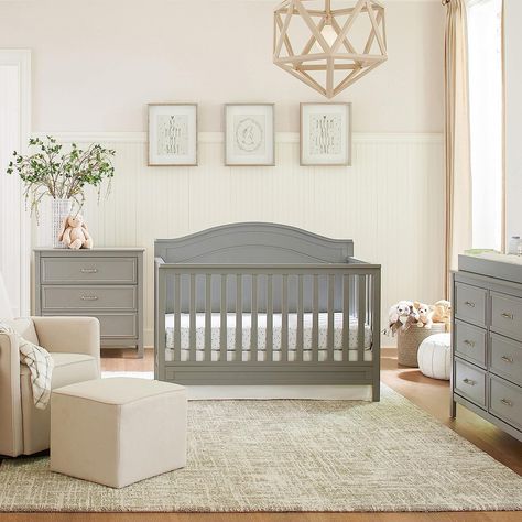 Grey Crib Nursery, Crib Spring, Grey Crib, Nursery Furniture Collections, Arched Headboard, Nursery Room Design, Kids Dressers, Nursery Room Inspiration, Grey Nursery