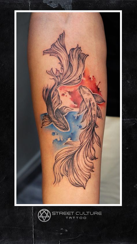 Watercolour koi koi fish tattoo by Suren at street Culture Tattoo Watercolour Fish Tattoo, Koi Fish Tattoo Colour, Koi Fish Tattoo Men, Koi Fish Tattoo For Women, Watercolor Fish Tattoo, Friend Tats, Pez Koi Tattoo, Tattoo Giveaway, Coy Fish Tattoos