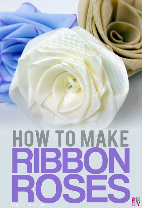 How to make ribbon roses using ANY ribbon - looks best with satin and cotton ribbon. Never buy flowers again - just MAKE your own!! with SmartFunDIY Ribbon Flowers Diy, Satin Ribbon Roses, Ribbon Flower Tutorial, Fabric Flower Tutorial, Felt Flower Headband, Cotton Ribbon, Mason Jar Crafts Diy, Ribbon Art, Fabric Flowers Diy