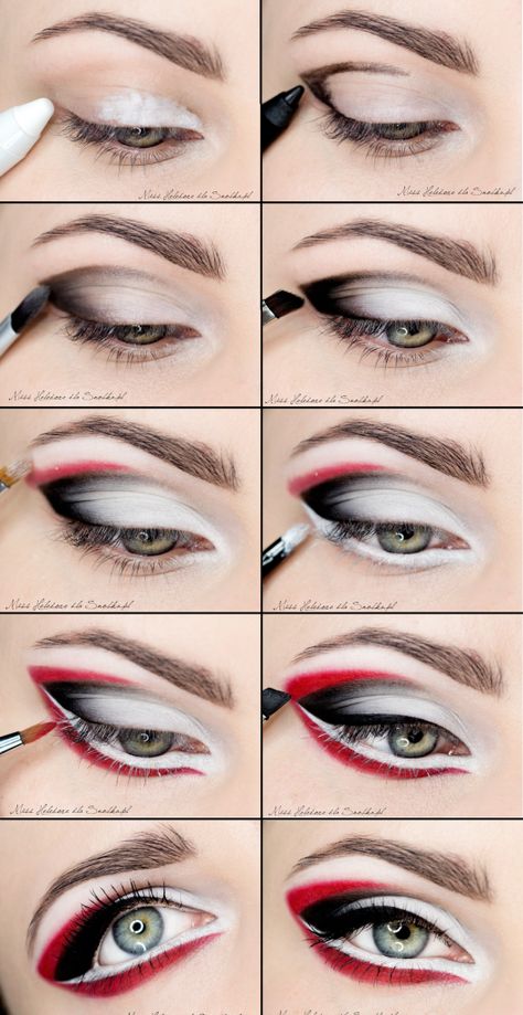 Colorful Eye Makeup Tutorial | Colorful Eye Liner Makeup Tutorial for Blue Eyes Red And Black Eye Makeup, Colorful Eye Makeup Tutorial, Carnaval Make-up, Teknik Makeup, Blue Eye Makeup Tutorial, Geisha Makeup, Make Up Designs, Goddess Makeup, Black Eye Makeup