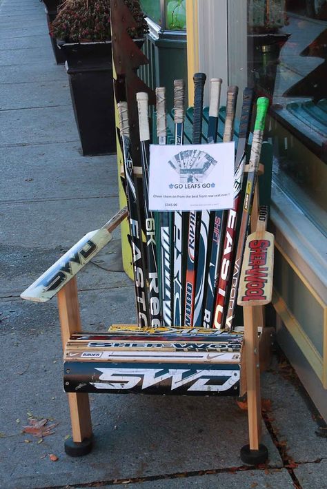 Hockey Stick Furniture, Hockey Stick Crafts, Adirondak Chairs, Hockey Diy, Hockey Crafts, Hockey Jewelry, Hockey Bedroom, Hockey Decor, Muskoka Chair