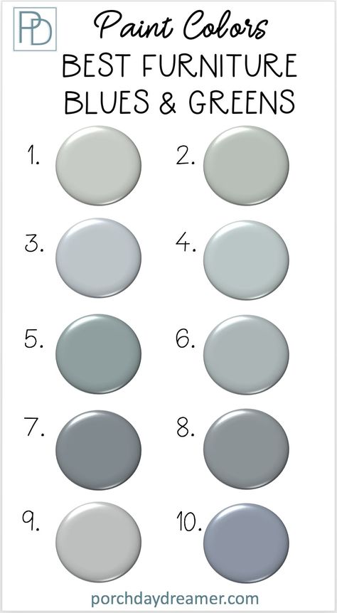 The best furniture paint colors in blues and greens. 10 paint color options to makeover your furniture. #furniturepaint #paintcolors #furniturepaintcolors #porchdaydreamer Farmhouse Colors For Furniture, Furniture Paint Ideas Colors, Blue Gray Dresser, Best Colors To Paint Furniture, Blue Furniture Paint Colors, Paint Colors For Furniture Projects, Paint Colors For Dressers, Best Paint Colors For Furniture, Painted Bedroom Furniture Ideas Colour