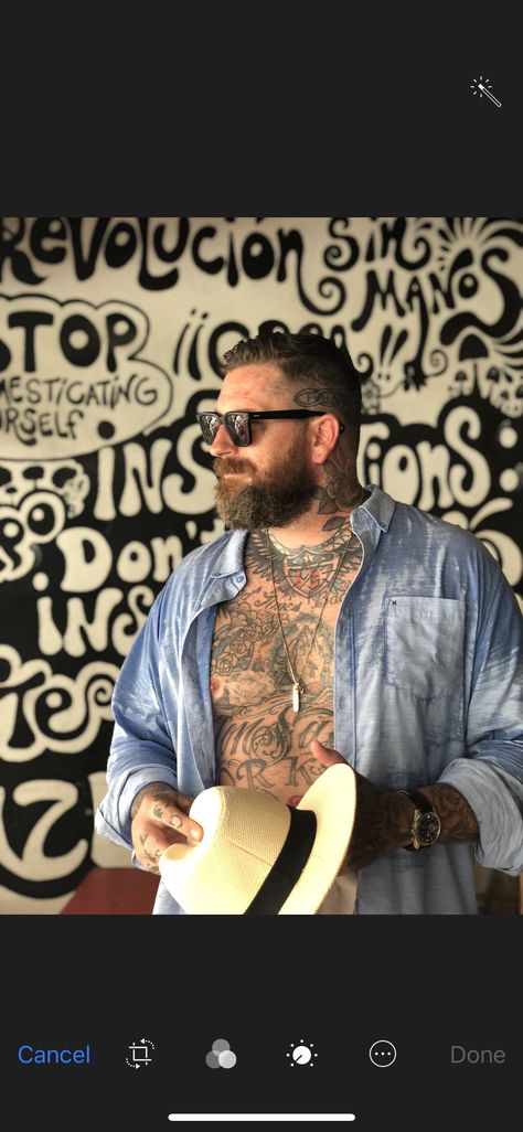 Luke Wessman on Vacation in Sayulita Mexico. Gentleman jetset 100% humidity Luke Wessman, Angel Artwork, Beard Tattoo, On Vacation, Bearded Men, Jet Set, Eyewear Sunglasses, Cool Tattoos, Tattoo Artists