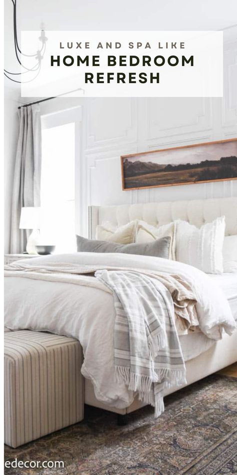 Transform your home bedroom into a spa-like haven with our top tips! 🌟 From cozy textures to lavish linens, our master bedroom decor is all about creating a soothing oasis. Click for inspiration and head to the blog for more! �💫 Master Bed Linen Ideas, Layer Bedding, Bedroom Organization Tips, Modern Farmhouse Cottage, Organization Hacks Bedroom, Simple Bedside Tables, Personalized Bedroom, White Wood Wall, Zen Bedroom