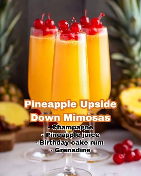 🍍 Pineapple Upside Down Mimosas 🍍 Ingredients: - 16 oz brut champagne - 10 oz pineapple juice - 4 oz birthday cake rum (or vanilla rum) - 2 oz grenadine - Maraschino cherries and sliced pineapple for garnish Instructions: 1. In a champagne flute, add the champagne, pineapple juice, rum, and grenadine. 2. Garnish with maraschino cherries and sliced pineapple. 3. Stir gently before drinking and enjoy! Prep Time: 5 minutes | Servings: 4 #Mimosa #Cocktail #Pineapple #Champagne #Celebration Pineapple Upside Down Mimosa, Mimosa Ingredients, Classic Mimosa, Sliced Pineapple, Mimosa Champagne, Champagne Celebration, Mimosa Cocktail, Vanilla Rum, Tropical Twist