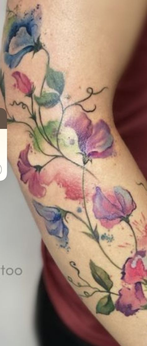 Purple Pansy Tattoo, Sweetpea Flower Tattoo, Pea Tattoo, Sweet Pea Tattoo, Pansy Tattoo, Watercolour Tattoo, Colour Tattoos, Violet Tattoo, Purple Tattoos