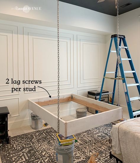 How to build a suspended bed - Remington Avenue Beds Floating, Hanging Bed Diy, Bed Floating, Ceiling Bed, Suspended Bed, Hanging Beds, Hanging Bed, Floating Bed, Diy Bed Frame