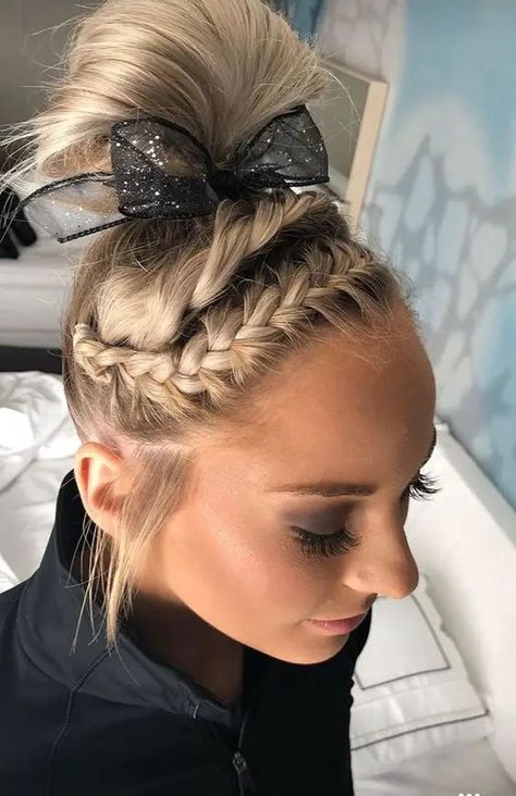 The Best Hairstyles for Cheerleading - NUTRI RUN CLUB Gymnastic Hairstyles For Meets, Cute Hairstyles For Gymnastics, Gymnastics Competition Hairstyles, Hairstyles For Gymnastics, Gymnastics Hairstyle, Competition Hairstyles, Gymnastics Meet Hair, Gymnastics Hairstyles, Basketball Hairstyles