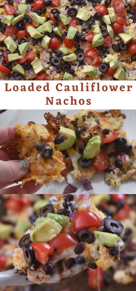 Loaded Cauliflower Nachos. Cauliflower Nachos. These Cauliflower Nachos are an easy way to serve low carb nachos by swapping out cauliflower slices for chips. Seasoned roasted cauliflower loaded with cheese, tomatoes, red onion, and avocado. healthier recipes using cauliflower. Sheet Pan Cauliflower Nachos. #cauliflowernachos #lowcarb #glutenfree #cauliflower #nachos #healthy #appetizer Optavia Nachos, Cauliflower Nachos Recipes, Low Carb Swaps, Low Calorie Cauliflower Recipes, Optavia Appetizer Recipes, Low Calorie Nachos, Cauliflower Nacho, Healthier Nachos, Recipes Using Cauliflower