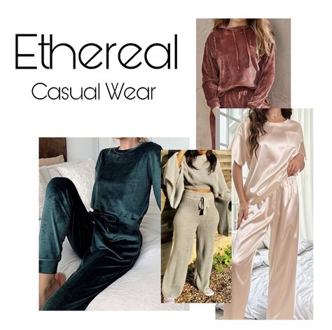 Casual/ athleisure inspiration for the Ethereal Essence. Soft Dramatic With Ethereal Essence, Modern Ethereal Outfits, Romantic Natural Essence Style, Ethereal Classic Style, Angelic Essence Style Casual, Ethereal Essence Style Casual, Ethereal Outfits Aesthetic, Ethereal Ingenue Style, Ethereal Natural Classic