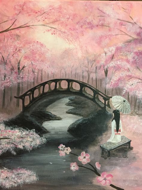 Painting Ideas For A Big Canvas, Painting Ideas On Canvas Cherry Blossoms, Cherry Blossom Tree Painting Easy, Cherry Blossom Tree Acrylic Painting, Sakura Flower Acrylic Painting, Sakura Tree Painting Acrylics, Easy Landscape Paintings, Cherry Blossom Painting, Bridge Painting