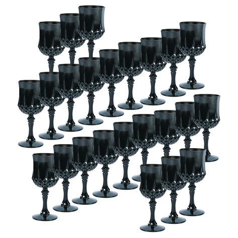 PRICES MAY VARY. Whether you're raising a toast or just taking a break from the party, these Patterned Black Wine Glasses are perfect for your favorite wine. These shapely glasses radiate elegance in classic black, making them ideal for occasions of all kinds, from weddings to Halloween bashes. With their chic look, durable plastic construction and, they're an essential supply for an elevated gatherings. Plastic. (4 dozen per unit) 6 3/4" 8 oz. Whether you're raising a toast or just taking a bre Gothic Victorian Party Decor, All Black Tablescape, Victorian Goth Birthday Party, Halloween Themed Rehearsal Dinner, Classy Goth Wedding, Goth Theme Party, All Black Affair Party Ideas, Halloween Wedding Decorations, Black Wine Glasses