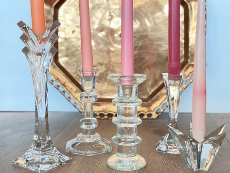 Cottage Style Wedding, Table Scape Wedding, Glass Candle Centerpieces, Candlestick Collection, Eclectic Cottage, Glass Candles, Crystal Candlesticks, Table Scape, Candle Centerpieces