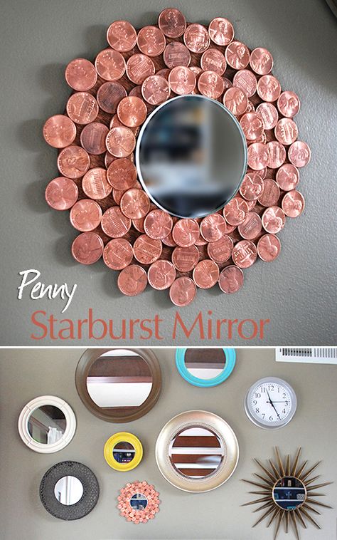 Penny Crafts, Chestnut Stain, Coin Crafts, Starburst Mirror, Red Chestnut, Mirror Crafts, Coin Art, Diy Plant Stand, Wood Circles