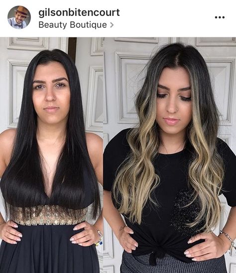 Black Hair To Balayage Before And After, Black Hair Vs Blonde Hair, Black Hair To Blonde Process, Blonde Balayage On Black Hair, Ombre Brown To Blonde, Hair Ombre Brown, Ombre Wavy Hair, Black To Blonde Hair, Ashy Hair