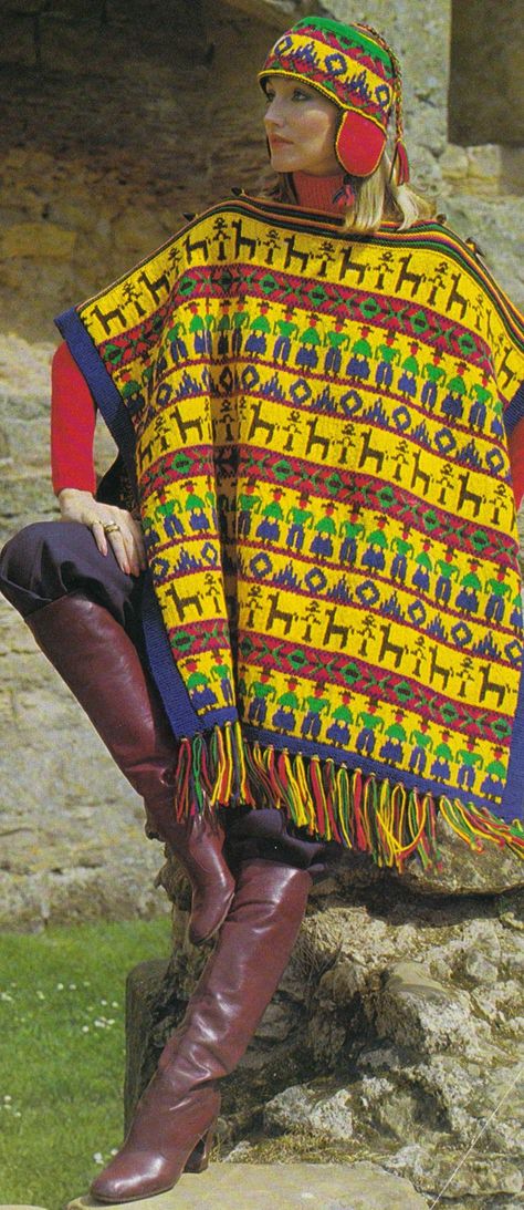 Hahahahahaha!!!!!!! Searched for machu pichu on pinterest and found this. Peruvian Poncho, Poncho Knitting Patterns, Crochet Christmas Stocking, Flap Hat, Ear Flap Hats, Crochet Shawls, Crochet Vintage, Ladies Poncho, Poncho Pattern