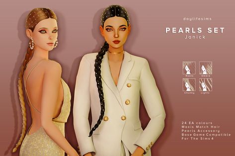 PEARLS HAIR SET - Janick | Daylife Sims on Patreon Daylife Sims, Pearls Hair, Sims 4 Traits, Y2k Hair, Hair Set, 2000s Clothes, Sims 4 Dresses, Sims 4 Toddler, Sims Four