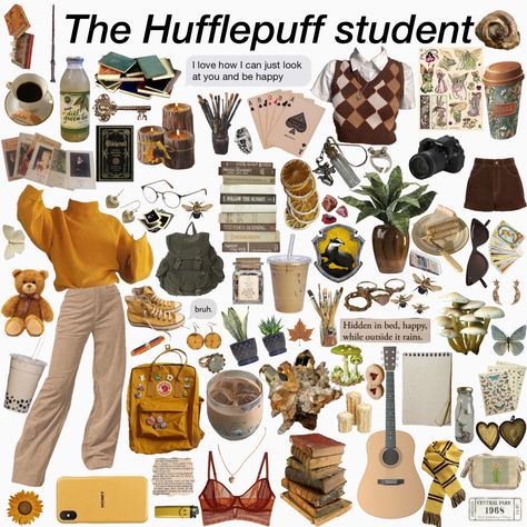 Huffulpuff Aesthetic, Hufflepuff Student Aesthetic, Casual Hufflepuff Outfit, Harry Potter Clothes Hufflepuff, Hufflepuff Academia Outfit, Hufflepuff Clothes Aesthetic, Harry Potter Outfit Ideas Hufflepuff, Hufflepuff Cottagecore, Hufflepuff Hairstyles