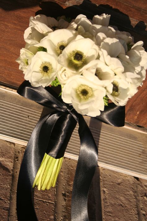 A bouquet of anemones with black centers wrapped in black satin ribbon Wedding Bouquets Bride, Bride Bouquet, Flower Inspiration, Koala Baby, Ribbon Wrap, White Bouquet, Organza Ribbon, Bride Bouquets, Black Ribbon