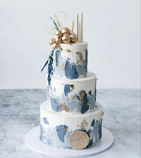 Blue White Gold Wedding Cake, Blue And White Anniversary Cake, Dusty Blue Wedding Cake, Gold Anniversary Cake, White And Gold Wedding Cake, Boho Wedding Cake, Wedding Color Pallet, Watercolor Cake, Buttercream Wedding Cake