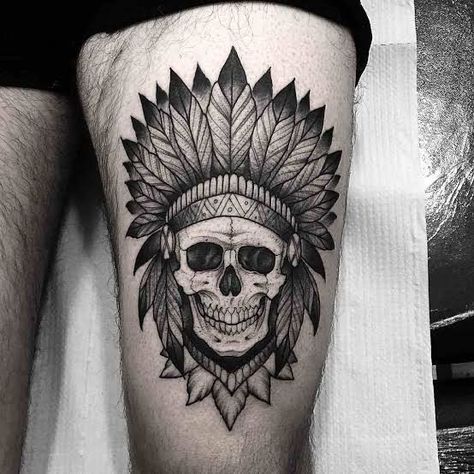 Indian Headdress Tattoo, Skull Thigh Tattoos, Indian Skull Tattoos, Headdress Tattoo, Medium Tattoos, Cowboy Tattoos, Lion Tattoo Sleeves, Country Tattoos, Native Tattoos