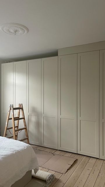 Built In Storage In Bedroom, Minimal Linen Closet, Ikea Hack Linen Closet, Linen Closet In Bedroom, Bedroom Inspirations Built In Wardrobes, Walk In Wardrobe And Office, Wardrobe Design Bedroom With Desk, Ikea Wardrobe Wall, Deep Wardrobe Ideas