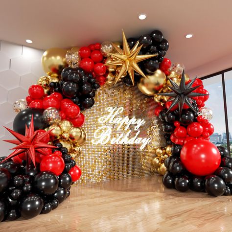 PRICES MAY VARY. 【Red and Black Gold Balloon Garland Kit】:Include 140pcs balloons 22''(Metallic gold starburst balloons 1,Black starburst balloons1, Red starburst balloons 1),18''(Black balloons 1, Red balloons 1, Metallic gold balloons 2 ),12''(Black balloons 10, Red balloons 10, Gold confetti Balloons 5), 10''(Black balloons 14, Red balloons 14, Metallic gold balloons 10),5''(Black balloons 25, Red balloons 25, Metallic gold balloons 20),16FT garland strip x1,140 dots glue. 【Best Quality】:The Red Black Gold Birthday Party Decoration, Red And Gold Centerpieces Birthday, Black Red Party Decorations, Red Black And Gold Balloon Garland, Black Red And Gold Party Decorations, Casino Night Decor, Red Black And Gold Birthday Party Decor, Red Black Gold Party Decoration, Red And Black Table Decorations