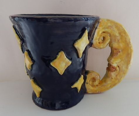 Moon Ceramic Mug, Whimsigoth Ceramics, Ceramic Mug Handles, Silly Mugs, Moon Mugs, Star Mug, Ceramic Moon, Ceramic Artwork, Pretty Mugs