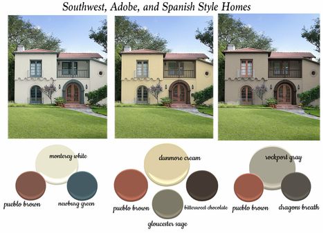 Southwest, Adobe, Spanish Style - combo schemes by The Decorologist Pueblo Style Homes Exterior, Spanish Style Home Paint Colors, Stucco Homes Exterior Colors Farmhouse, Modern Spanish Style Homes Exterior Paint Colors, Spanish Style Homes Exterior Paint Color, Spanish Style Home Color Palette, Southwest Exterior House Colors, Greek Exterior, Spanish Style Homes Exterior Curb Appeal