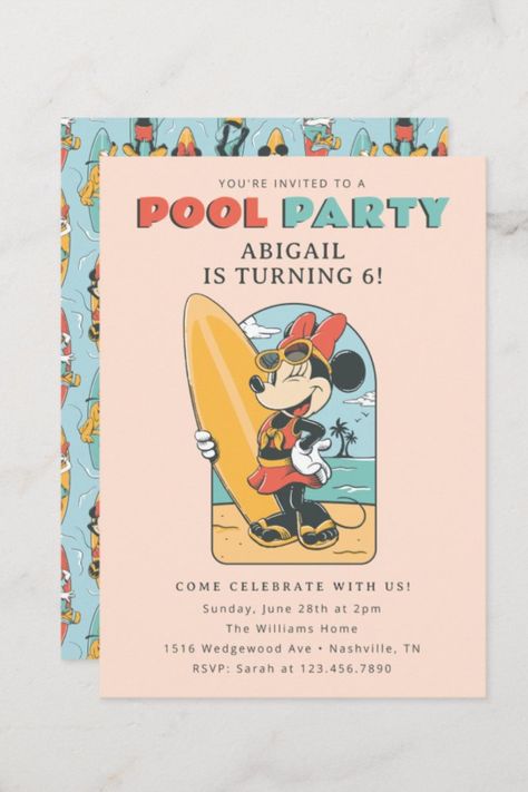 Disney's Minnie Mouse | Summer Pool Party Birthday Invitation
Invite all your family and friends to your child's Birthday with these summer themed Minnie Mouse Pool Party invitations. Personalize by adding all your party details! #birthday #happybirthday #birthdaycards #birthdayparty #6thbirthday #minnie #mickeymouse #disney #surf Minnie Mouse Pool Party, Pool Party Birthday Invitations, Girl Birthday Party Invitations, Pool Party Invitations, Party Stationery, First Birthday Decorations, Unicorn Kids, Kids Birthday Party Invitations, Summer Pool Party