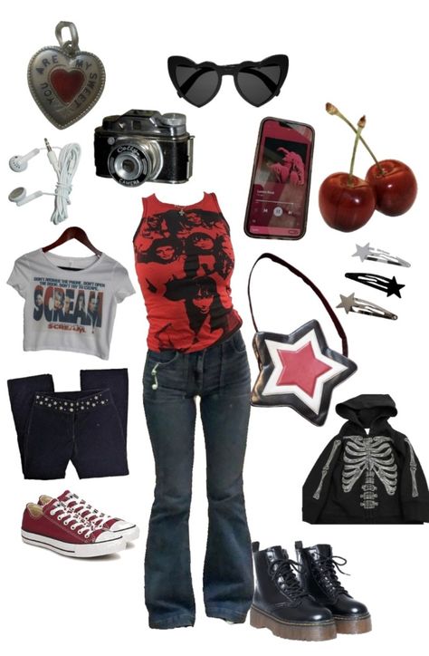 Rock N Roll Theme Outfit, Rock And Roll Clothes, Rock N Roll Aesthetic Outfit, Rock N Roll Outfit For Women, Nate Aesthetic, 1985 Clothes, Rock And Roll Outfits Women, Rock And Roll Aesthetic Outfit, Red Y2k Outfit