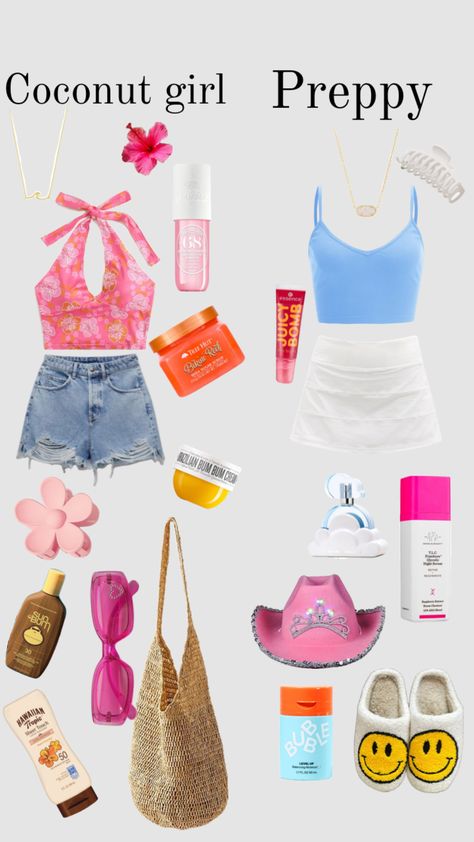 Coconut girl v preppy! Which one are you? #coconutgirl #preppy Preppy Coconut Girl, Preppy Shuffles, Preppy Aesthetic Outfits, Hawaiian Tropic, Cali Girl, Preppy Girl, Coconut Girl, Preppy Summer, Preppy Aesthetic