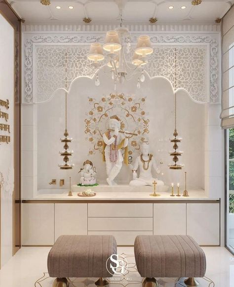 Puja Room Marble Design, White Marble Mandir Design For Home, Wood Mandir Design For Home, Corian Temple Design For Home, White Mandir Design, South Indian Pooja Room, Modern Temple Design For Home, Home Mandir Designs Puja Room, Luxury Pooja Room Design