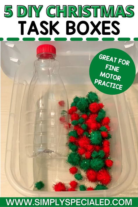 Task boxes are a great way for students to work on fine motor skills in your special education classroom. In this post, I am sharing 5 Christmas task boxes, including 3 errorless task boxes that are easy to make and students benefit from the fine motor practice. These DIY task boxes for special education can be used for morning work or independent centers. You will also find a Hanukkah task box as well to help celebrate holidays around the world. Put In Task Boxes, Christmas Task Boxes, Special Education Lesson Plans, Cooking In The Classroom, Early Childhood Special Education, Special Ed Teacher, Visual Recipes, Self Contained Classroom, Special Education Activities