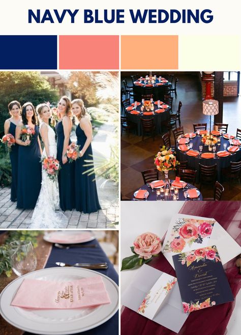 Navy Coral Peach and Ivory Bridemaids Dress Bridal Party Table Setting Invitation Centerpieces Bouquet Cake Coral And Dark Blue Wedding, Navy Dusty Blue And Peach Wedding, Navy Blue Peach Wedding, Navy Blue And Salmon Wedding, Navy Wedding Theme Color Combinations, Navy Coral Wedding, Navy Blue And Peach Wedding Theme, Navy Blue Spring Wedding, Peach And Navy Blue Wedding