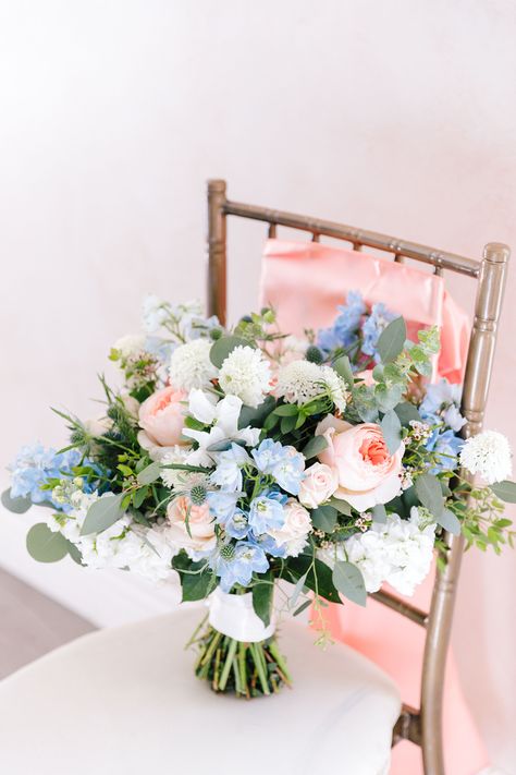 Claire and Alex | Bronte's Florals Pink And Blue Prom Bouquet, Pink White Blue Bouquet, Pink White Blue Wedding Flowers, Blue And Pink Wedding Flowers, Pastel Bouquet Wedding, Reader Wedding, Bouquet Shapes, Bridgerton Theme, Bouquet Pastel