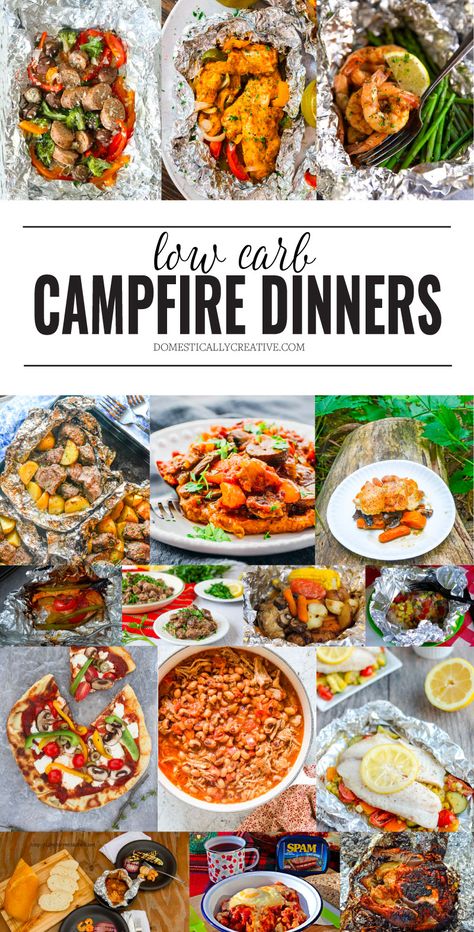 Easy low carb dinner ideas you can make around the campfire  #campingrecipe #camping #lowcarb #lowcarbrecipe #lowcarbcamping #domesticallycreative Keto Campfire Meals, Low Carb Campfire Meals, Keto Camping Dinner, Make Ahead Foil Packets For Camping, Camping Meals Easy Make Ahead Healthy, Healthy Campfire Food, Foods To Roast On Campfire, Tin Foil Camping Meals, Keto Camping Meals Make Ahead