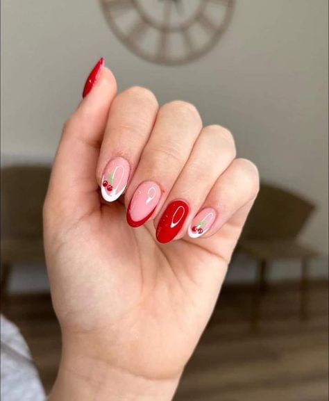 Red French Tip Nails With Cherries, Red Nail Ideas Square, Red And White French Tip, White French Tip Nails, Italy Nails, Fruit Nail Designs, Sophisticated Nails, Fruit Nail, Business Nails