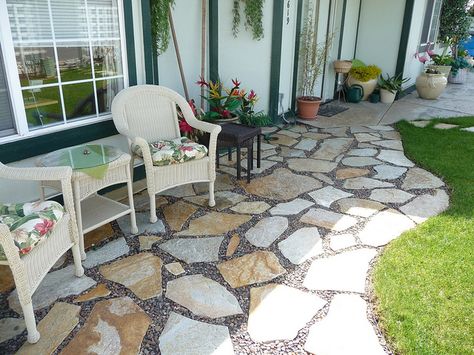 Flagstone patio | Flickr - Photo Sharing! Flagstone Patio Front Porch, Flagstone Patio Front Yard, Front Yard Porch Ideas Patio, Front Flagstone Patio, Front Stone Patio, Flagstone Patio Extension, Diy Front Patio, Front Yard Patio Ideas Courtyards, Flagstone Front Porch